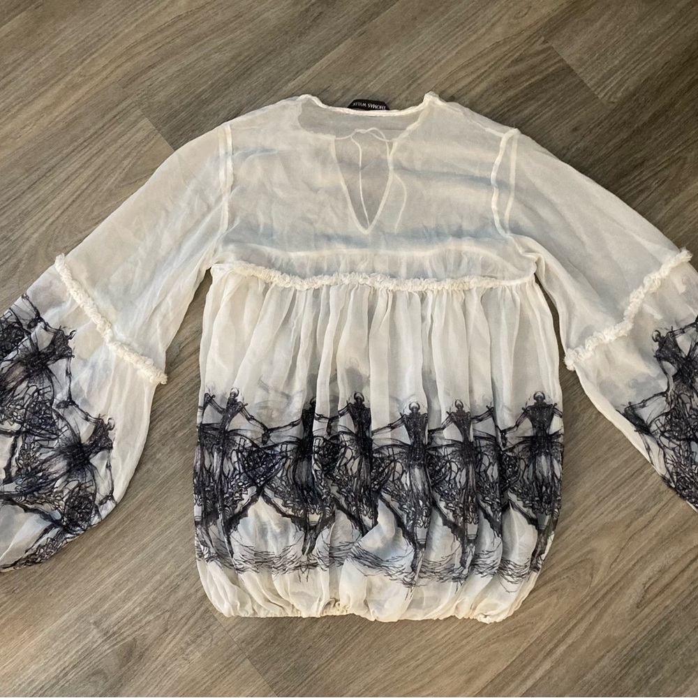 Thomas Wylde Ethereal Off White Blouse with Dark dancing ballerina skeleton
